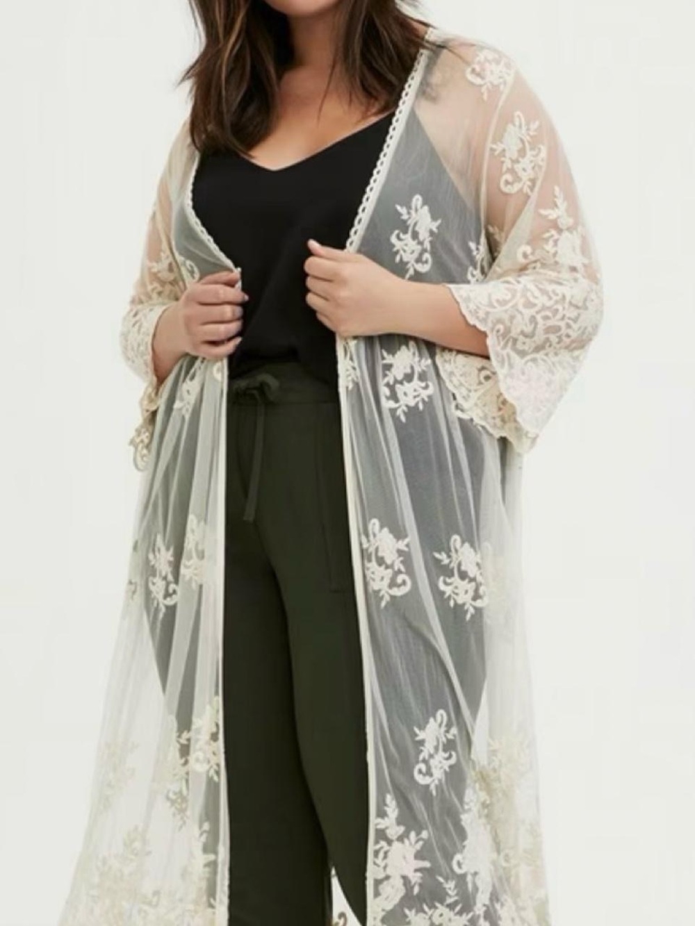 Torrid Sheer Embroidered Kimono Cream 3/3X